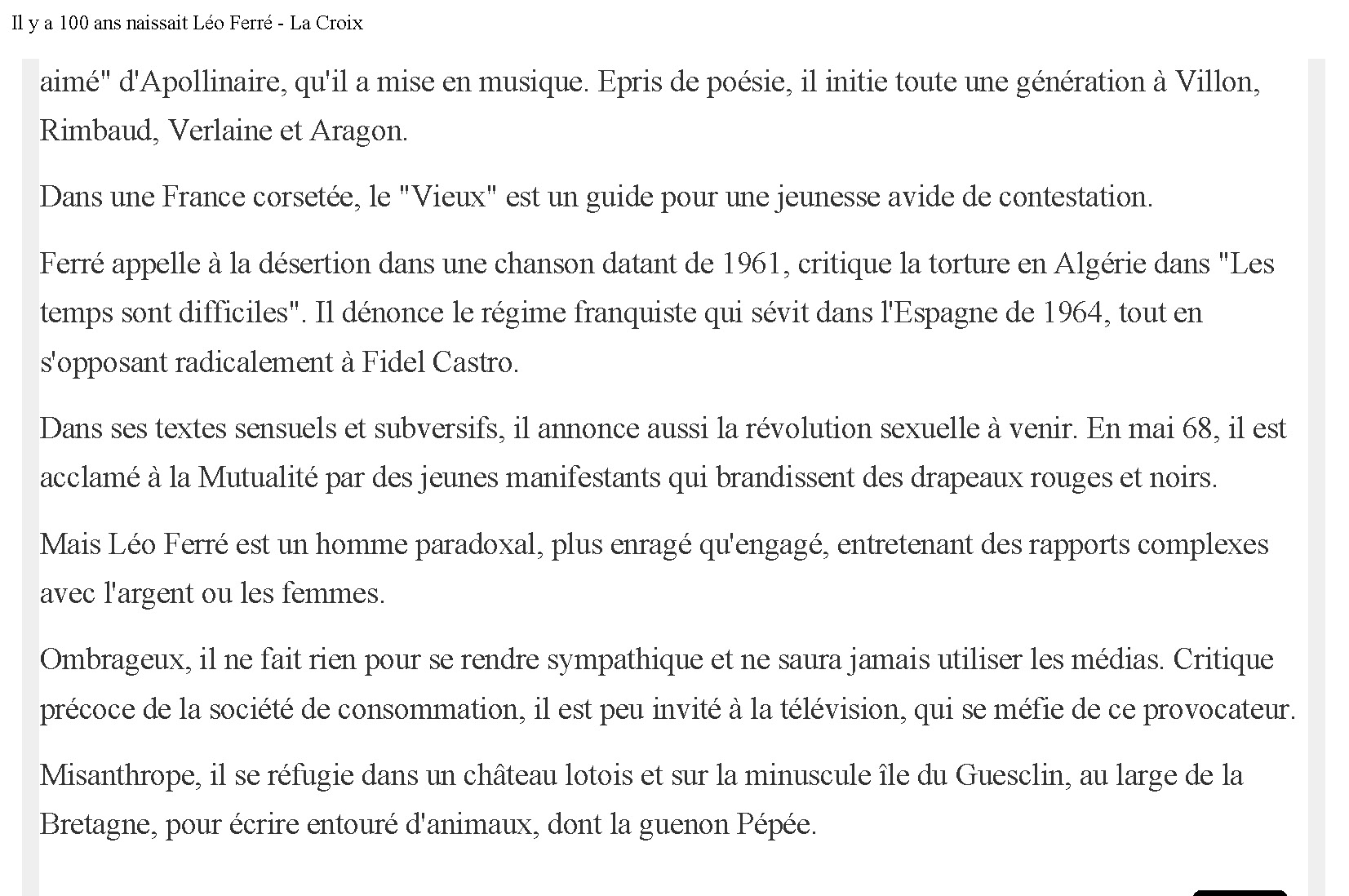 22/08/2016 La Croix Il y a 100 ans naissait Léo Ferré